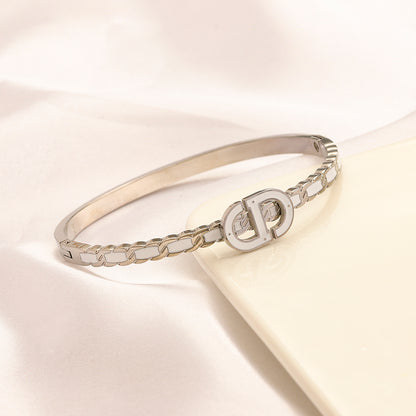 304 Stainless Steel Color-Inlay Round Monogram Bangle Bracelet