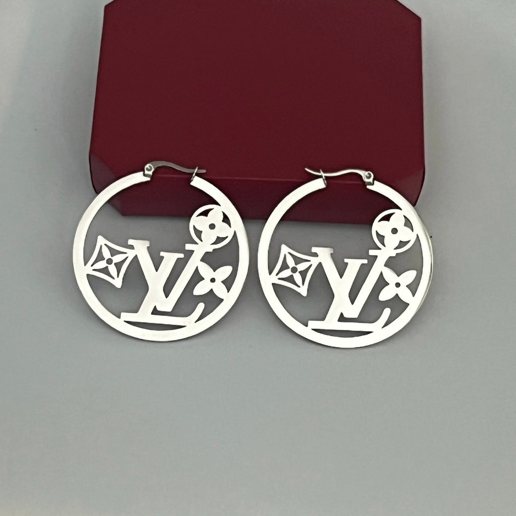 304 Stainless Steel Floral Monogram Hoop Earrings