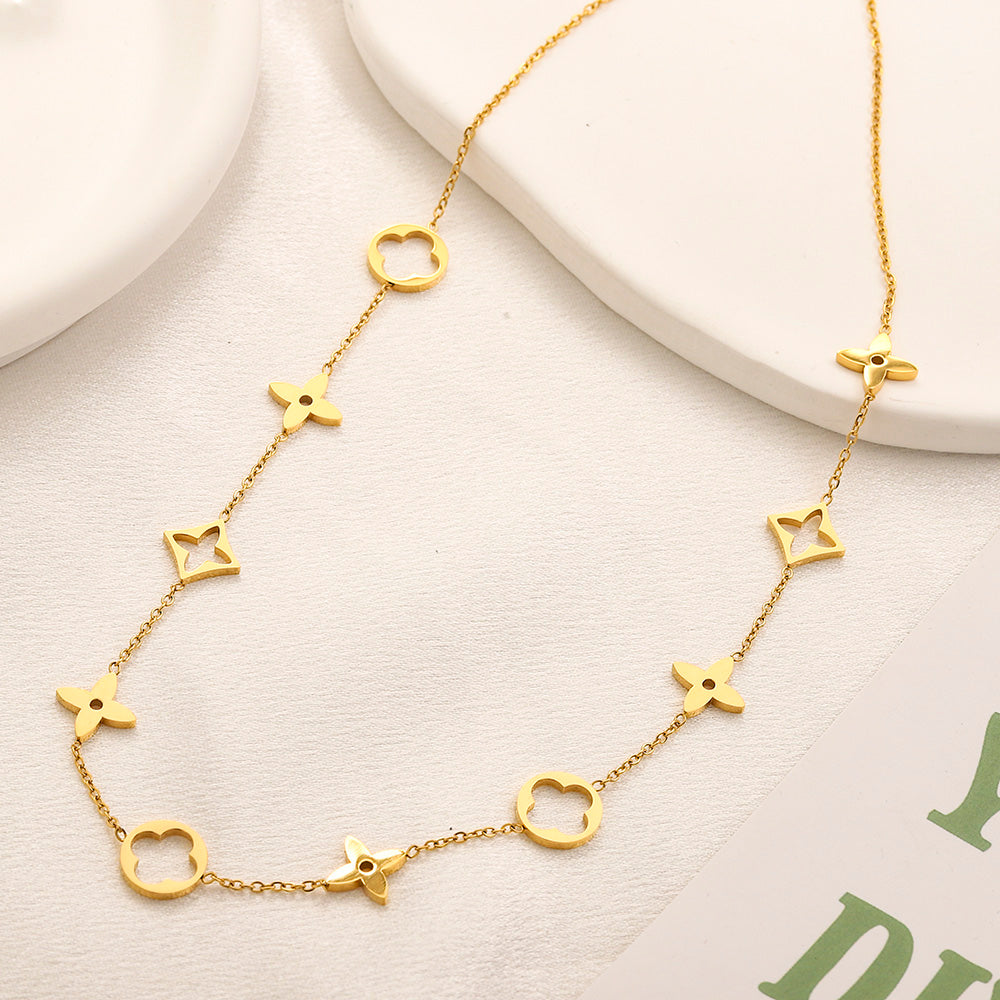 304 Stainless Steel Geometric Floral Link Necklace