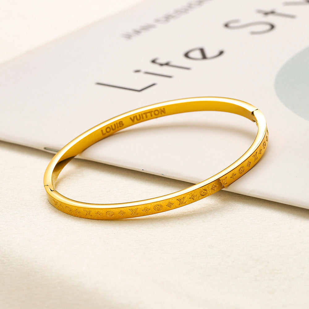 304 Stainless Steel Engraved Floral Monogram Bangle Bracelet