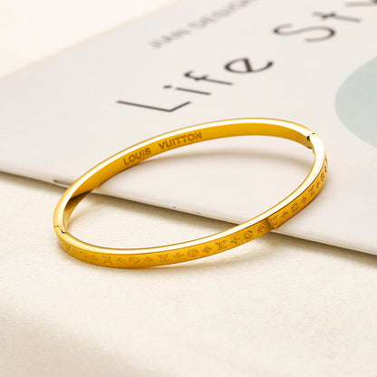 304 Stainless Steel Engraved Floral Monogram Bangle Bracelet