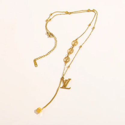 304 Stainless Steel Monogram Y-Necklace with Heart Drop