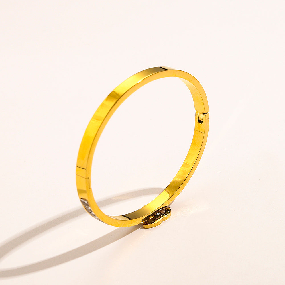 304 Stainless Steel Slim Pave Interlocking-C Bangle Bracelet