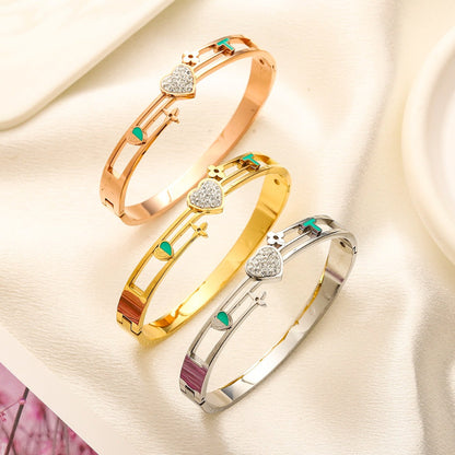 304 Stainless Steel Color-Block Heart & Letter Bangle Bracelet