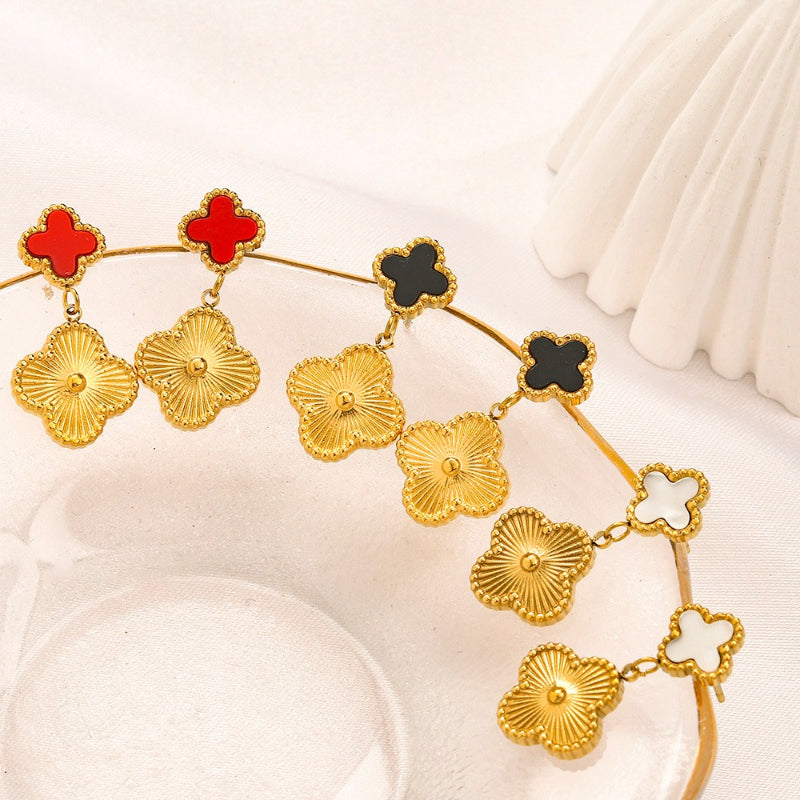 304 Stainless Steel Double Quatrefoil Drop Earrings