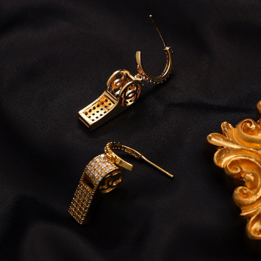 304 Stainless Steel Pave Key Charm Hoop Earrings