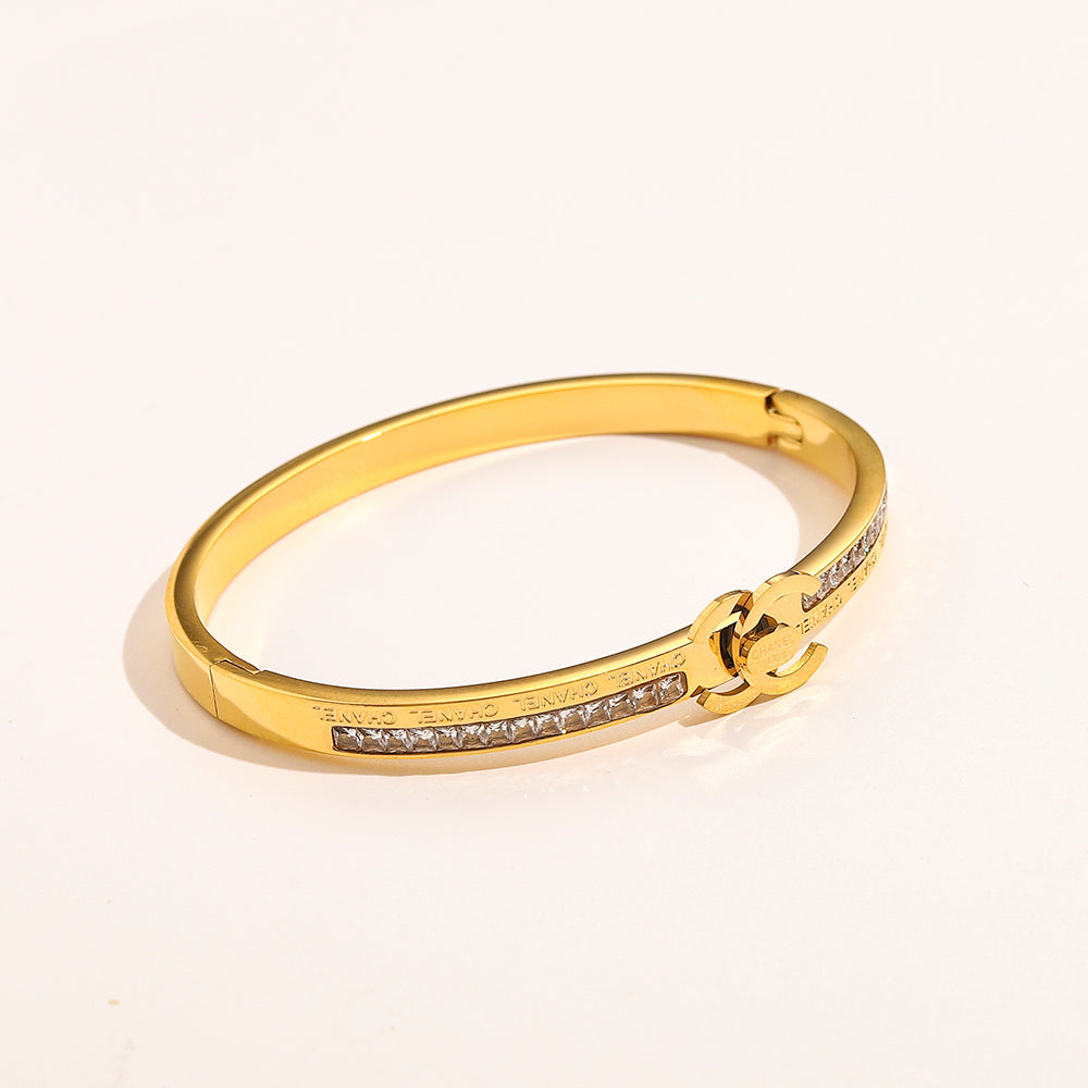 304 Stainless Steel Pave Interlocking-C Slim Bangle Bracelet