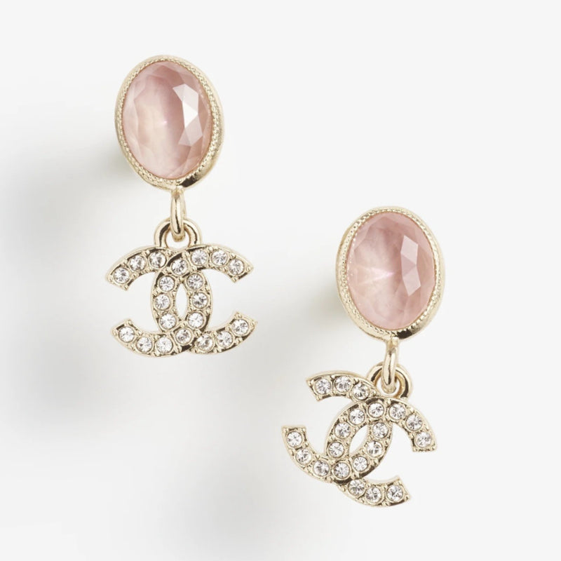 Pink Oval & Pave Interlocking-C Drop Earrings