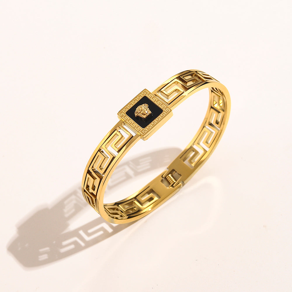 304 Stainless Steel Greek-Key Square Medallion Bangle Bracelet