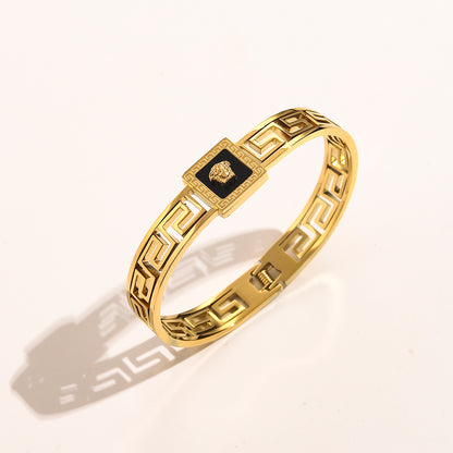 304 Stainless Steel Greek-Key Square Medallion Bangle Bracelet
