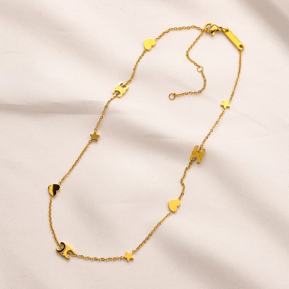304 Stainless Steel Heart & Star Charm Necklace