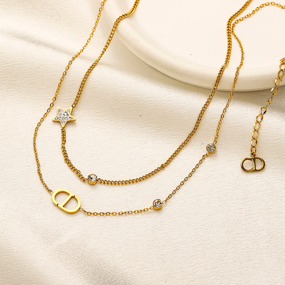 304 Stainless Steel Layered Bar & Monogram Necklace