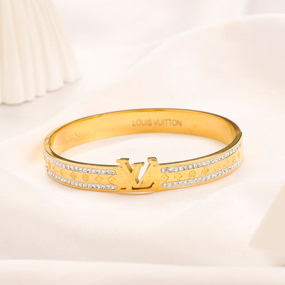 304 Stainless Steel Pave Monogram Slim Bangle Bracelet