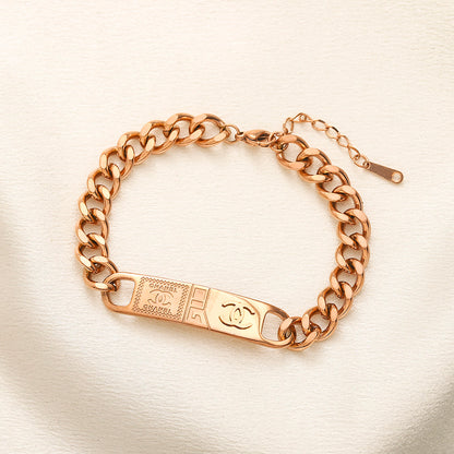 304 Stainless Steel Engraved Monogram Plate Chain Bracelet