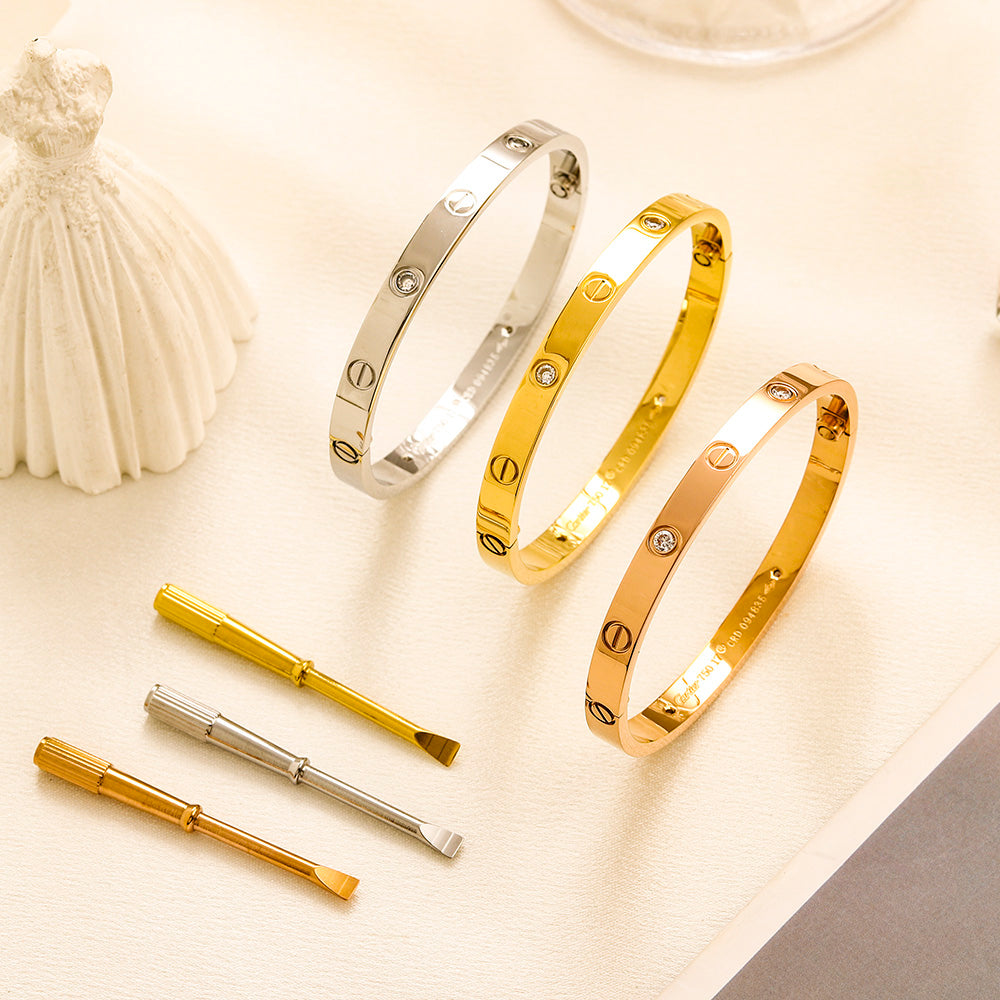 304 Stainless Steel Stone-Accent Screw-Detail Bangle Bracelet