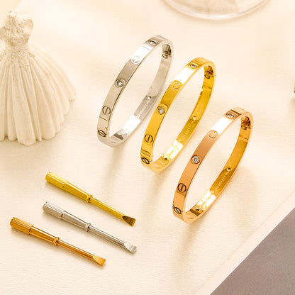 304 Stainless Steel Stone-Accent Screw-Detail Bangle Bracelet