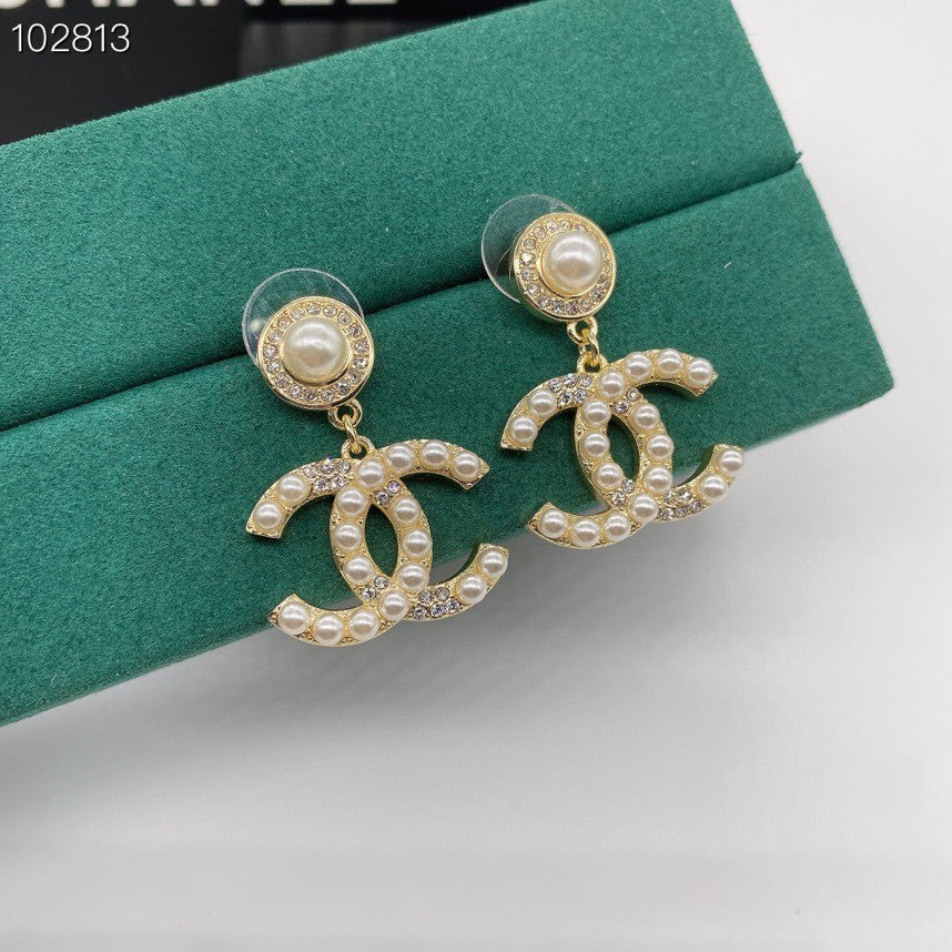 Pearl-Effect & Textured Interlocking-C Drop Earrings