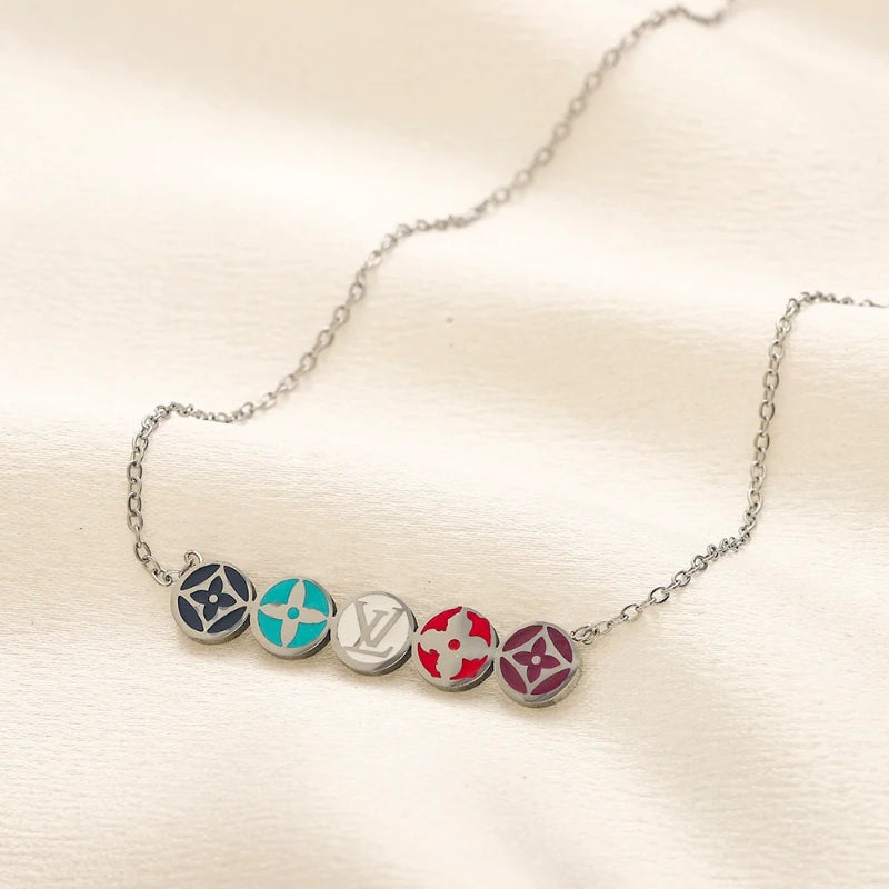 304 Stainless Steel Multicolor Round Monogram Necklace