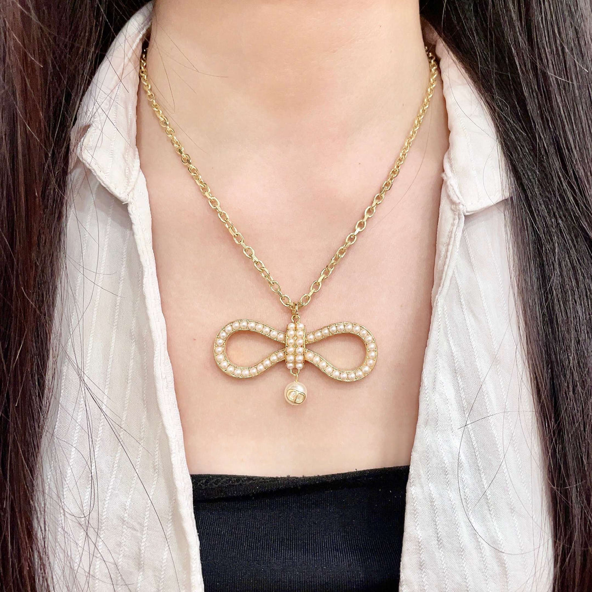 Pave Infinity Pendant Necklace with Pearl-Look Drop