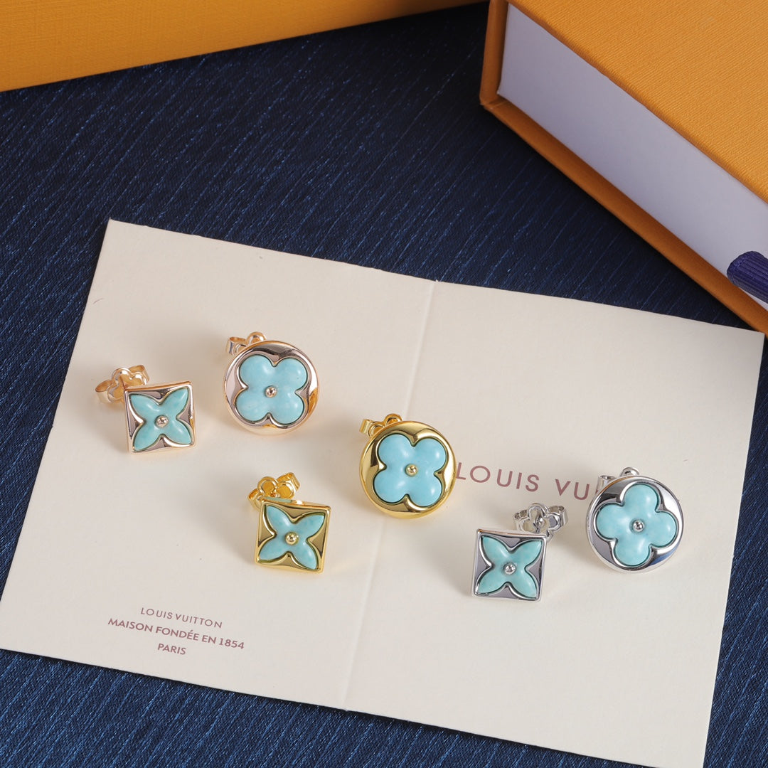 Turquoise-Tone Asymmetric Floral Stud Earrings
