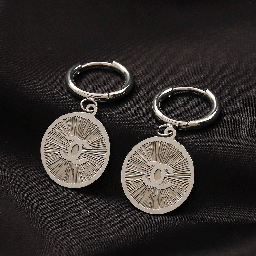 304 Stainless Steel Engraved Medallion Charm Hoop Earrings