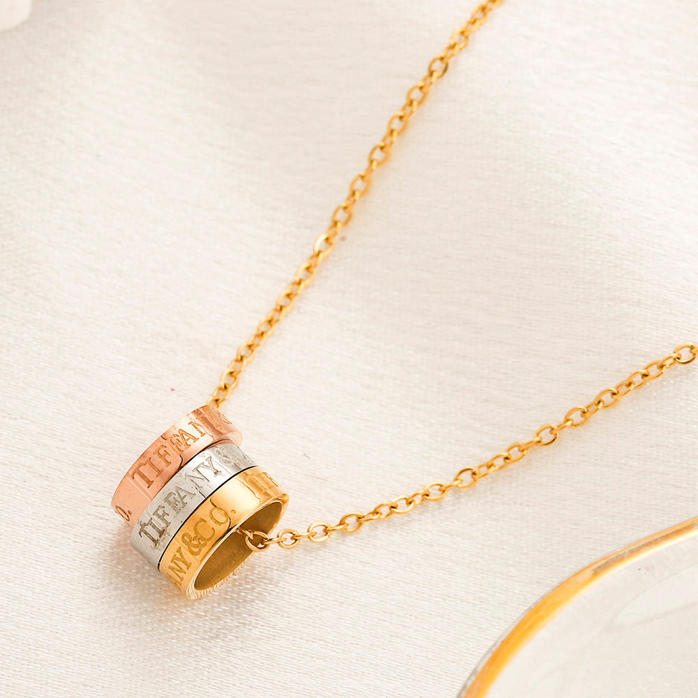 304 Stainless Steel Pave Double-Band Ring Pendant Necklace