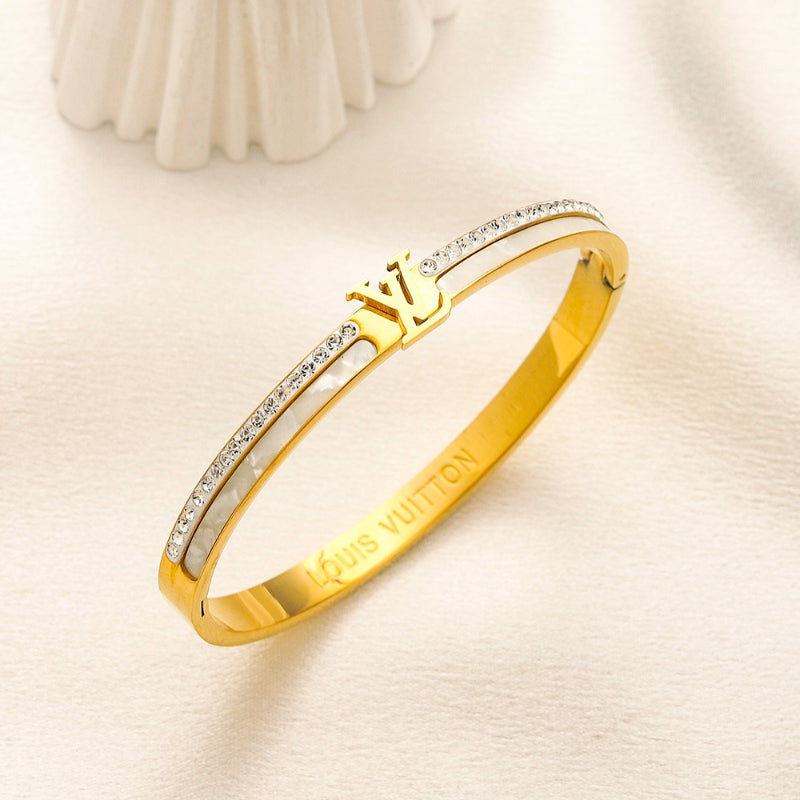 304 Stainless Steel Slim Pave Monogram Bangle Bracelet