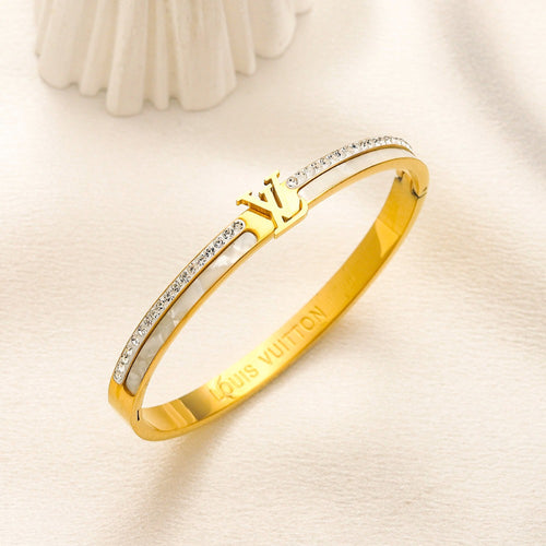 304 Stainless Steel Slim Pave Monogram Bangle Bracelet