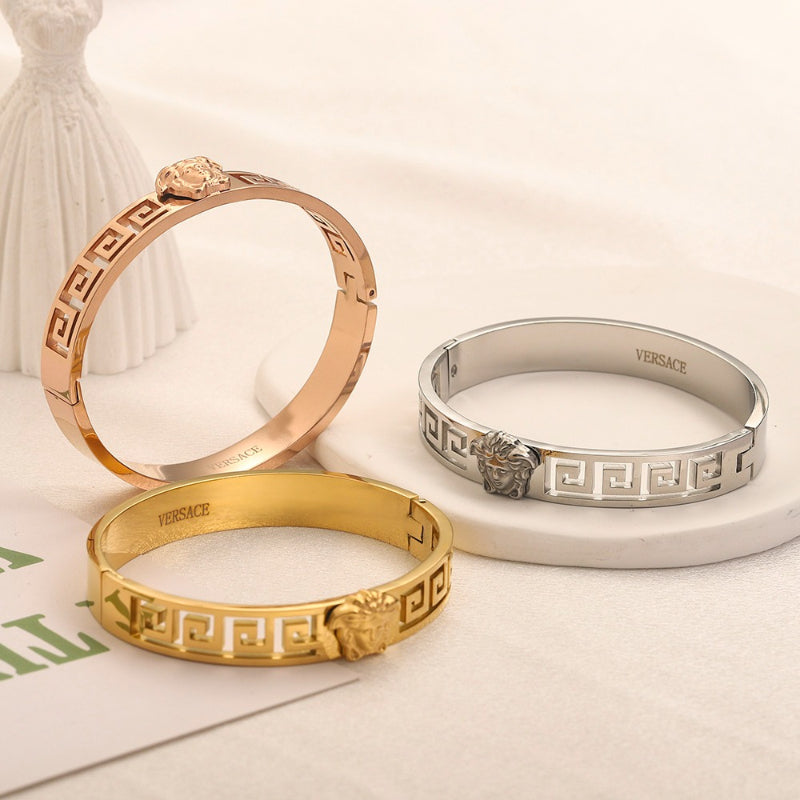 304 Stainless Steel Greek-Key Hinged Bangle Bracelet