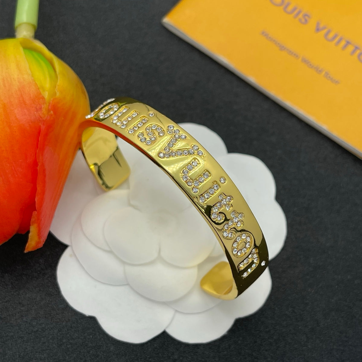 Pave Floral Monogram Open Cuff Bracelet
