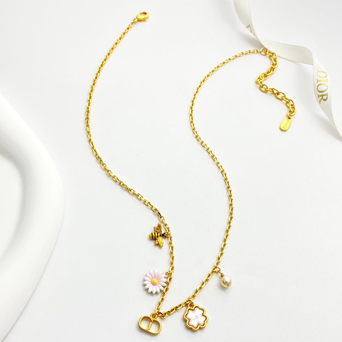 Floral Charm & Pearl-Look Bead Necklace