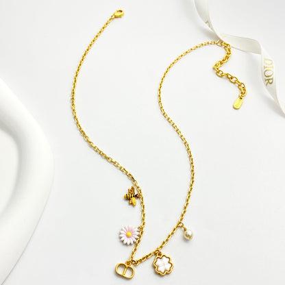 Floral Charm & Pearl-Look Bead Necklace