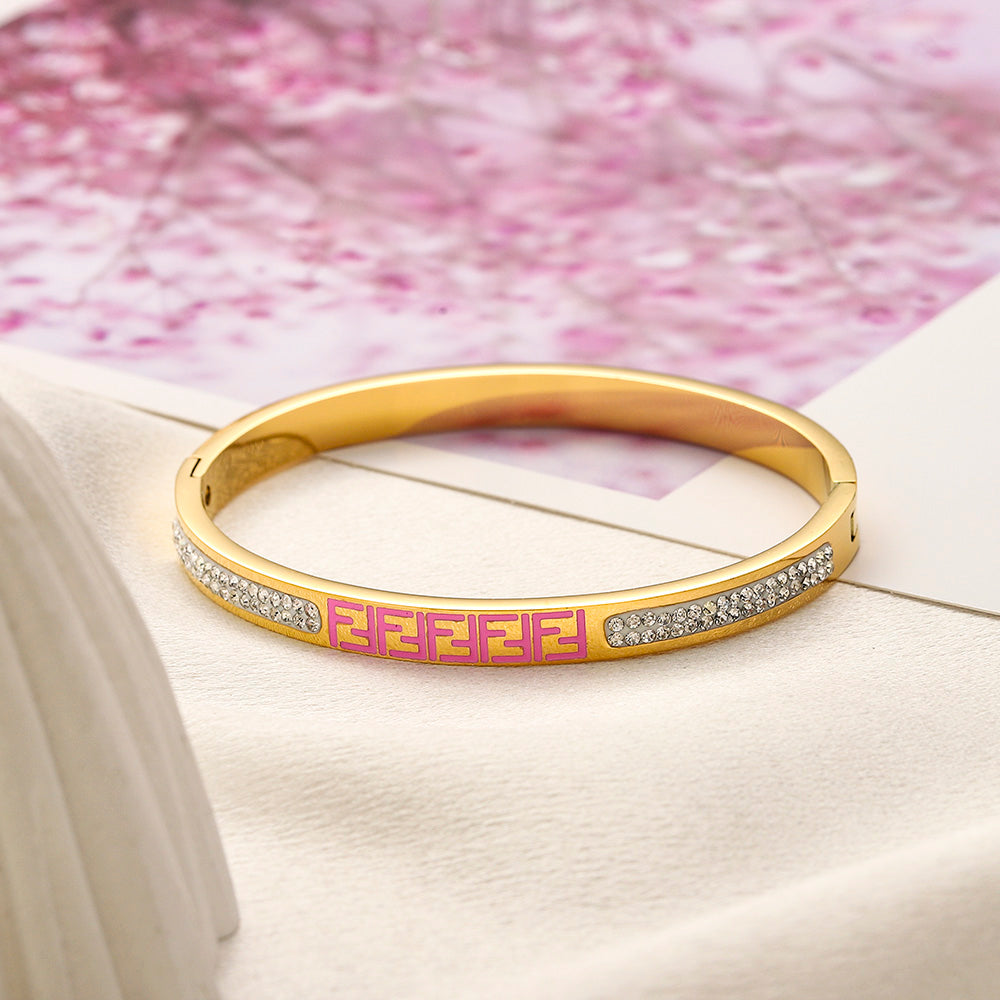 304 Stainless Steel Color-Inlay Lettering Pave Bangle Bracelet