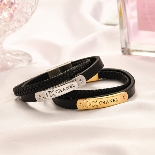 304 Stainless Steel Black Braided Interlocking-C Bar Bracelet
