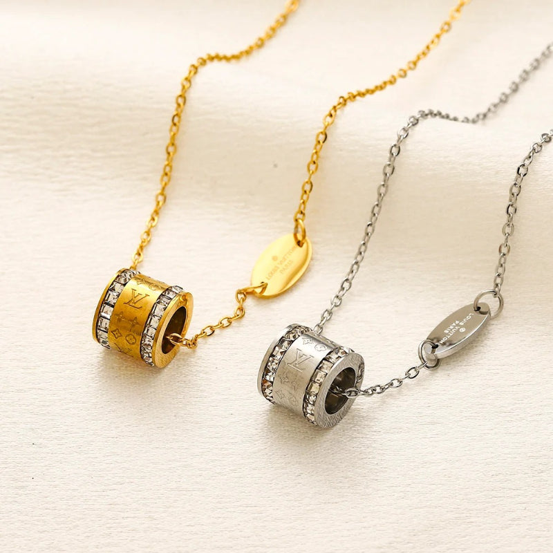 304 Stainless Steel Pave-Edge Barrel Pendant Necklace