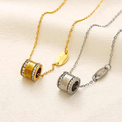 304 Stainless Steel Pave-Edge Barrel Pendant Necklace