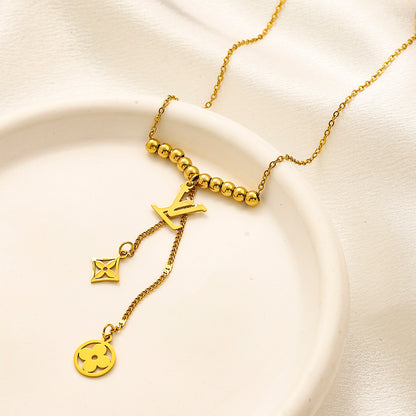 304 Stainless Steel Floral Monogram Charm Y-Necklace