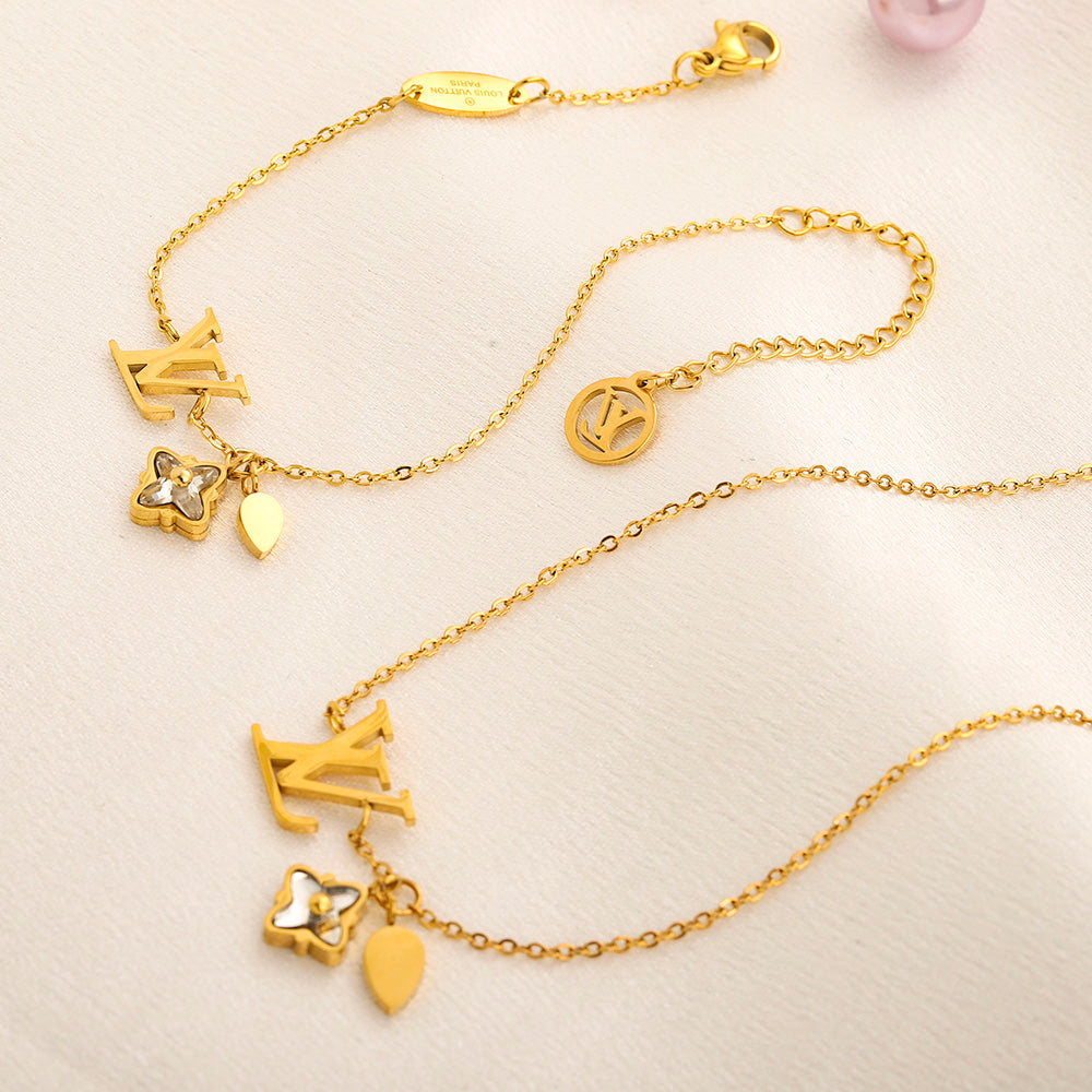 304 Stainless Steel Monogram & Floral Pendant Bracelet & Necklace - Individual or Set