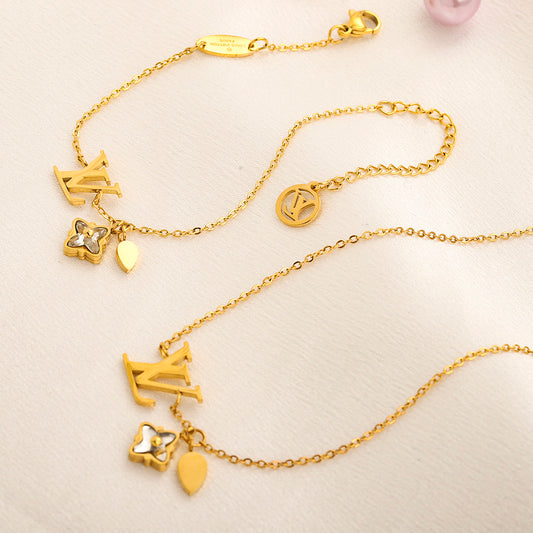 304 Stainless Steel Monogram & Floral Pendant Bracelet & Necklace - Individual or Set