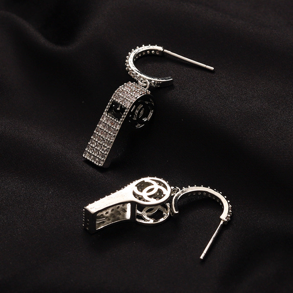 304 Stainless Steel Pave Key Charm Hoop Earrings