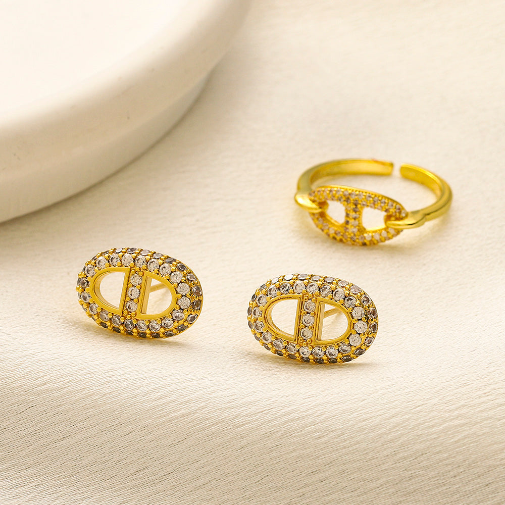 304 Stainless Steel Pave Oval H-Motif Stud Earrings