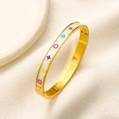 304 Stainless Steel White-Inlay Colorful Monogram Bangle Bracelet