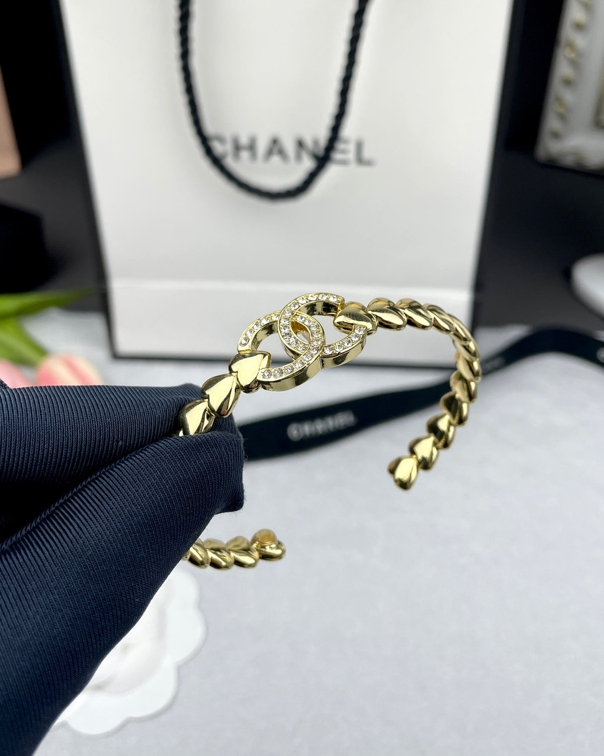 Pave Interlocking-C Chain-Link Cuff Bracelet