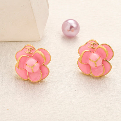 Alloy Colorful Camellia Flower Stud Earrings
