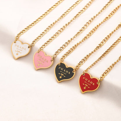304 Stainless Steel Color-Inlay Heart Pendant Curb Chain Necklace