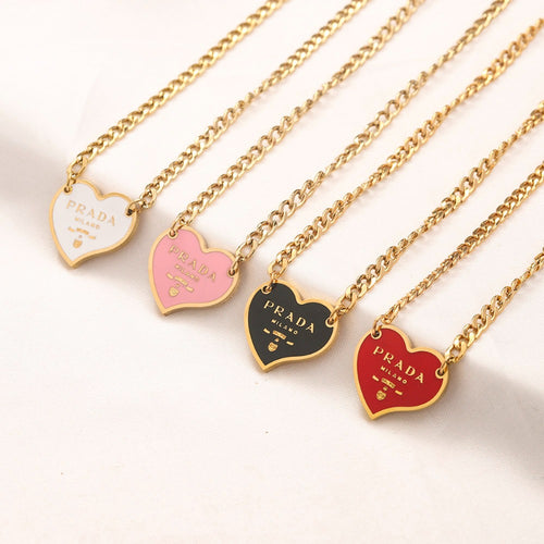 304 Stainless Steel Color-Inlay Heart Pendant Curb Chain Necklace