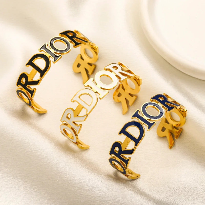 304 Stainless Steel Openwork Color-Inlay Lettering Cuff Bracelet