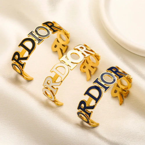 304 Stainless Steel Openwork Color-Inlay Lettering Cuff Bracelet