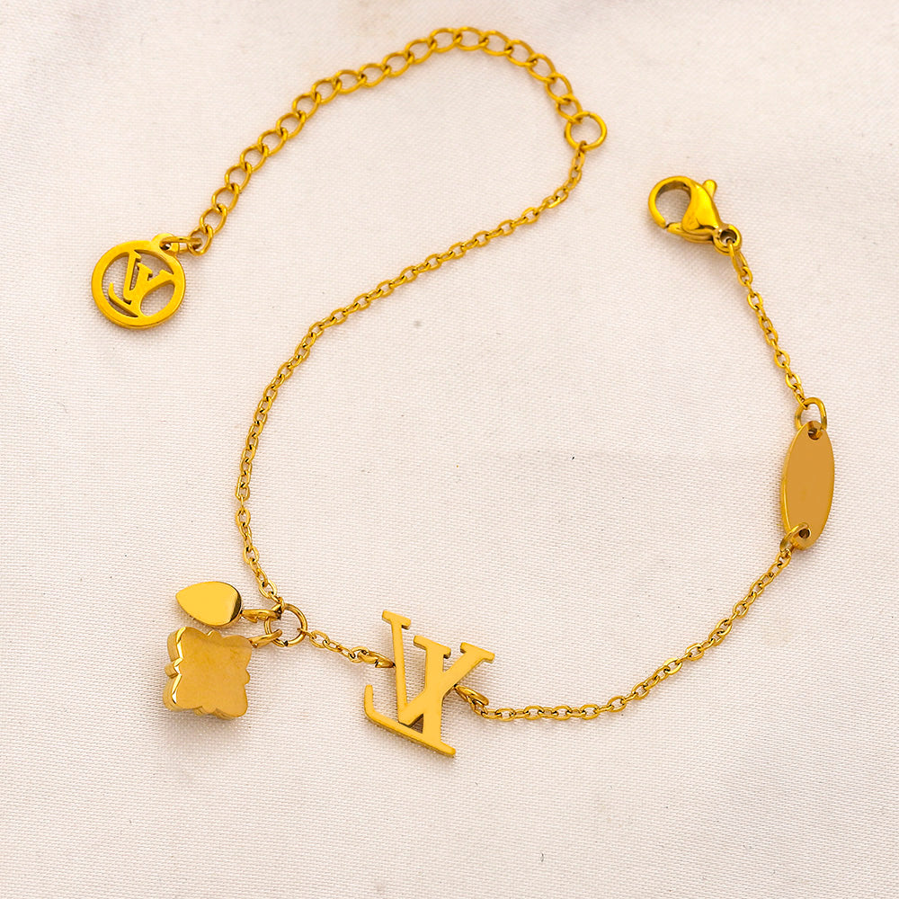 304 Stainless Steel Monogram & Floral Charm Fine Chain Bracelet