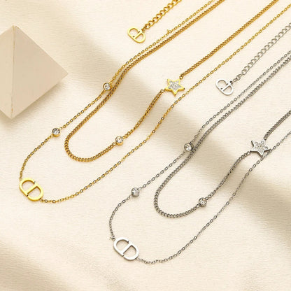 304 Stainless Steel Layered Bar & Monogram Necklace